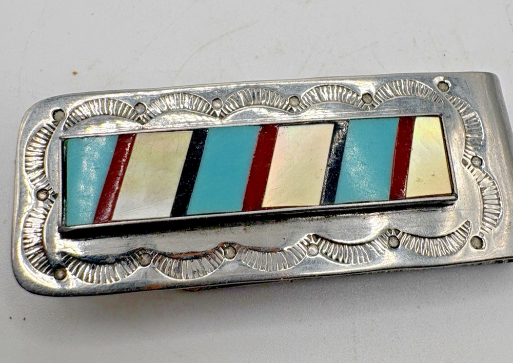 Native American Turquoise MOP Stamped Non magnetic Silver Inlay Money Clip
